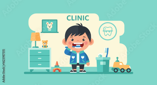 Happy Little Boy Brushing Teeth In A Dental Clinic Illustration Design