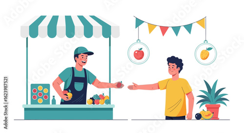 Fresh Fruits At Local Market With Friendly Vendor Illustration Concept