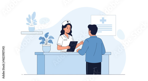 Friendly Nurse Consulting With Patient In Doctor's Office Reception Area