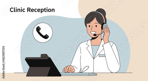 Friendly Healthcare Professional Working At Reception Desk, Answering Call