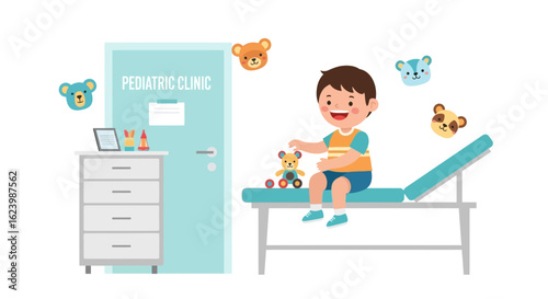 Happy Little Patient Boy Sitting on Examination Table at Pediatric Clinic