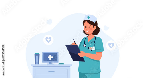 Friendly Nurse Taking Notes In Her Office In A Medical Environment