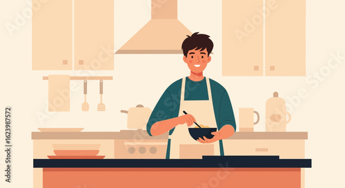 Happy Man Prepares Healthy Homemade Meal in Kitchen Illustration