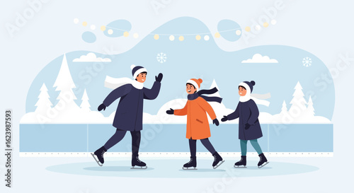 Happy People Enjoying Winter Activities With Ice Skating At Winter Time
