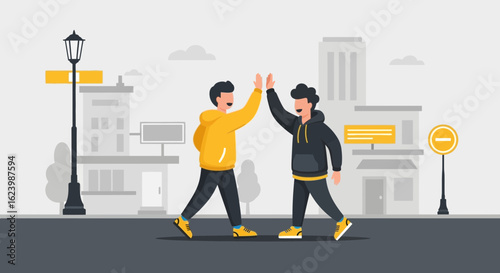 Friends Celebrate Achievement With High Five In Urban Setting Illustration