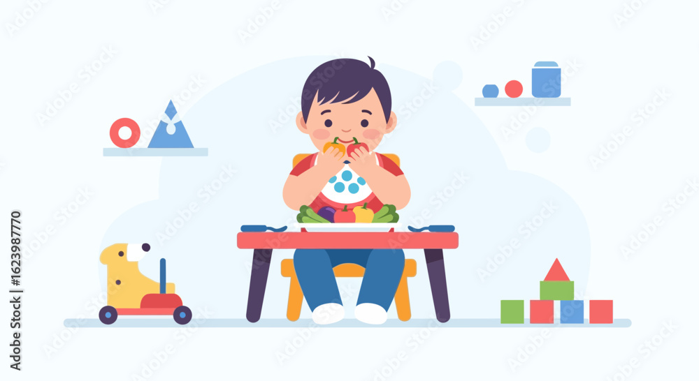 Happy Young Boy Enjoying Healthy Meal at Table with Various Toys Nearby Happy Young Boy Enjoying Healthy Meal at Table with Various Toys Nearby