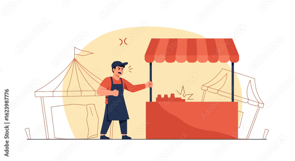 Frustrated Fair Worker Illustration Standing Near Damaged Booth With Anger Frustrated Fair Worker Illustration Standing Near Damaged Booth With Anger
