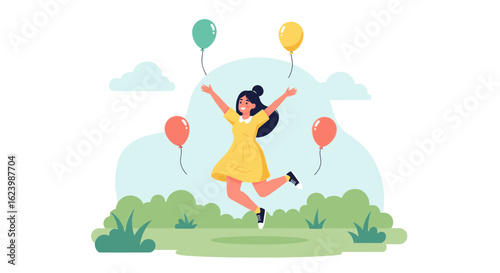 Happy Woman Jumping with Balloons in a Green Field Expressing Joy