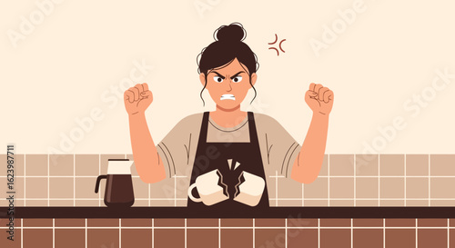 Frustrated Barista With Broken Cups: Service Meltdown At Local Coffee Shop