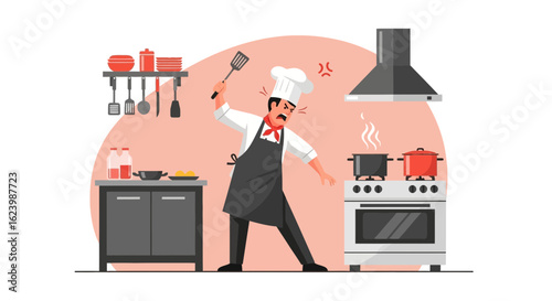 Frustrated Chef In Kitchen Threatening Spatula Due to Cooking Mishaps