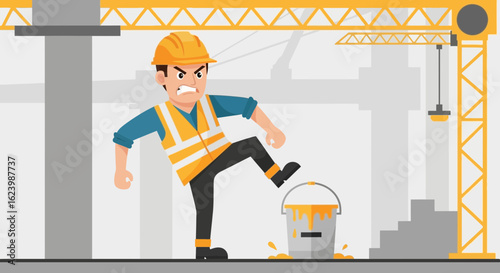 Frustrated Construction Worker Accidentally Kicking a Bucket of Paint on Site