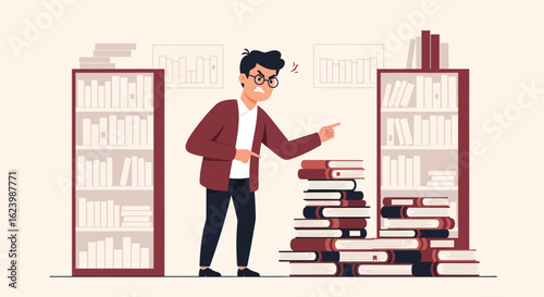 Frustrated Educator Inspecting Piles Of Books In Cluttered Library Setting