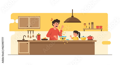 Frustrated Father Cooking With Daughter In Kitchen Having Messy Spill