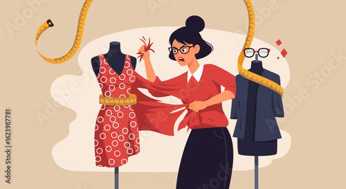 Frustrated Fashion Designer Working On Garment Alteration With Mannequins