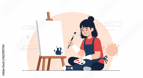 Frustrated Female Artist Sits Before Her Easel With Splattered Paint