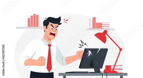 Frustrated Office Worker Pounding Broken Computer Screen After System Failure