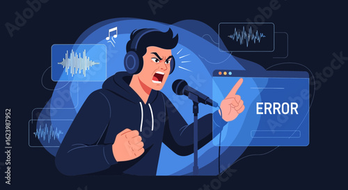 Frustrated Podcaster Confronting Technical Issues During Live Stream Broadcast