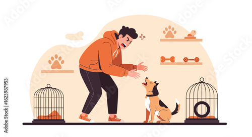 Frustrated Owner Scolding Dog With Cages And Toys On The Background