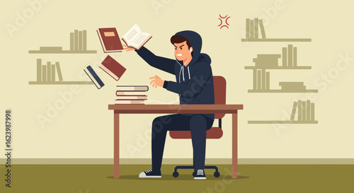 Frustrated Student Tossing Books Away From Desk During Study Session