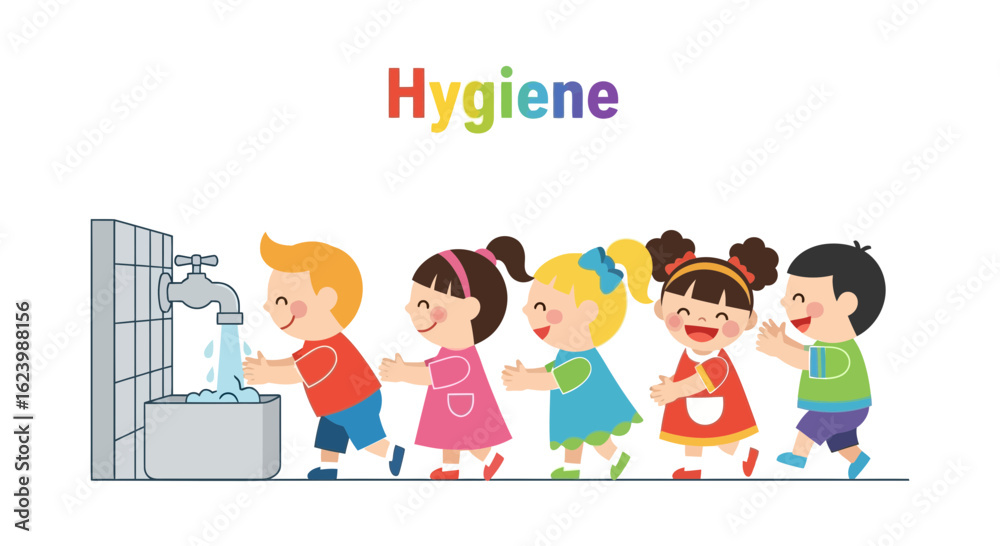Hygiene awareness campaign featuring children washing hands with happy expressions promoting health Hygiene awareness campaign featuring children washing hands with happy expressions promoting health
