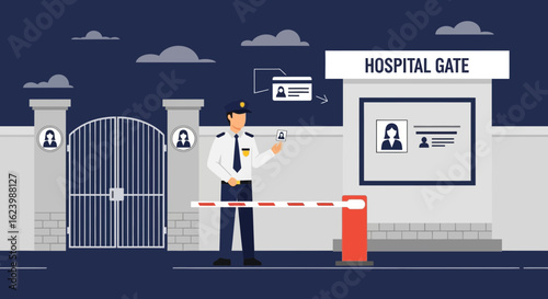 Hospital Security Guard Checks Identification Card At The Entrance Gate