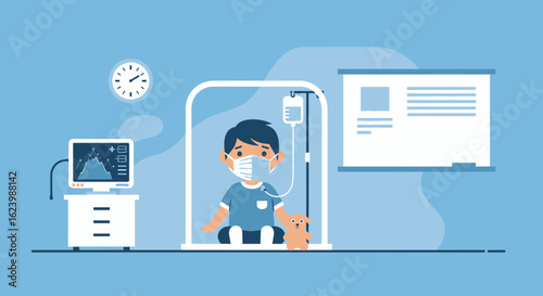 Hospitalized Child Wearing a Face Mask Receiving Treatment Illustration