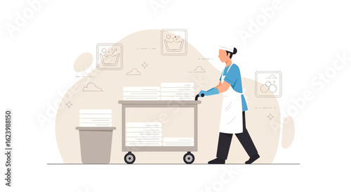 Hotel Housekeeping Staff Pushing Cart With Fresh Laundry And Cleaning Supplies