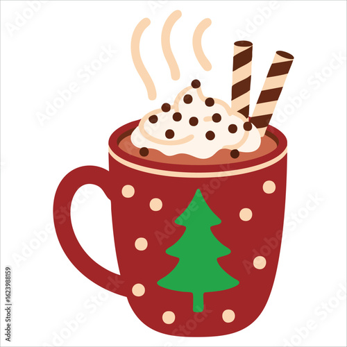 Winter holiday design with marshmallow mugs and candy cane, vector illustration for Christmas and New Year greeting cards, banners and decorations