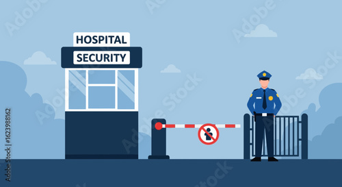 Hospital Security Guard Stands Watch at Entrance Point During Lockdown
