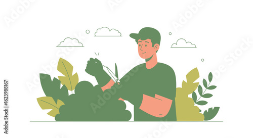 Gardener Maintains Hedge Vector Illustration For Agricultural Themes