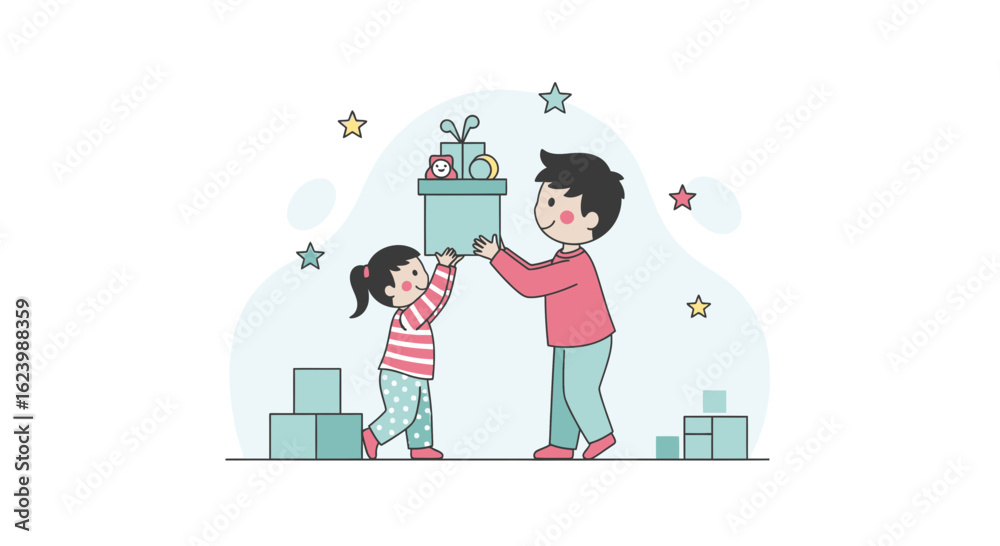 Illustrative Image Of Child And Dad Joyfully Sharing A Gift Together Illustrative Image Of Child And Dad Joyfully Sharing A Gift Together