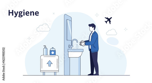 Illustration Of Passenger Following Hygiene Protocol In Airport Washroom