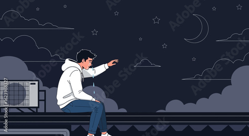 Illustration Of Young Man Experiencing Sadness Underneath Moonlight And Starry Sky