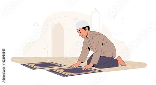 Illustrative Depiction Of Muslim Man Performing Islamic Prayer At Mosque