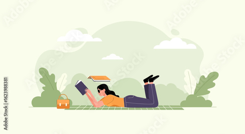 Girl Enjoying Reading Book Relaxing On Mat In The Park Sunny Day