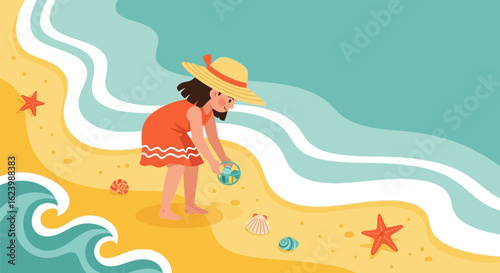 Girl Enjoying Summer Holiday Beach Vacation While Collecting Seashells