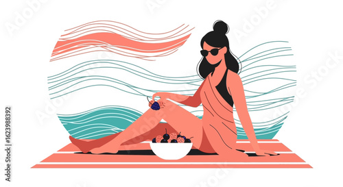 Girl Enjoying Summer Vacation With Berries On The Beach Stylish Concept