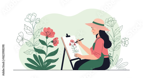 Illustrative Woman Immersed In Flower Drawing With Artistic Serenity And Creative Expression