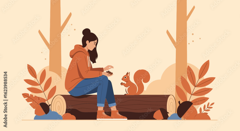 Fototapeta premium Girl Offering Nuts To Squirrel In Autumn Forest Illustration Concept