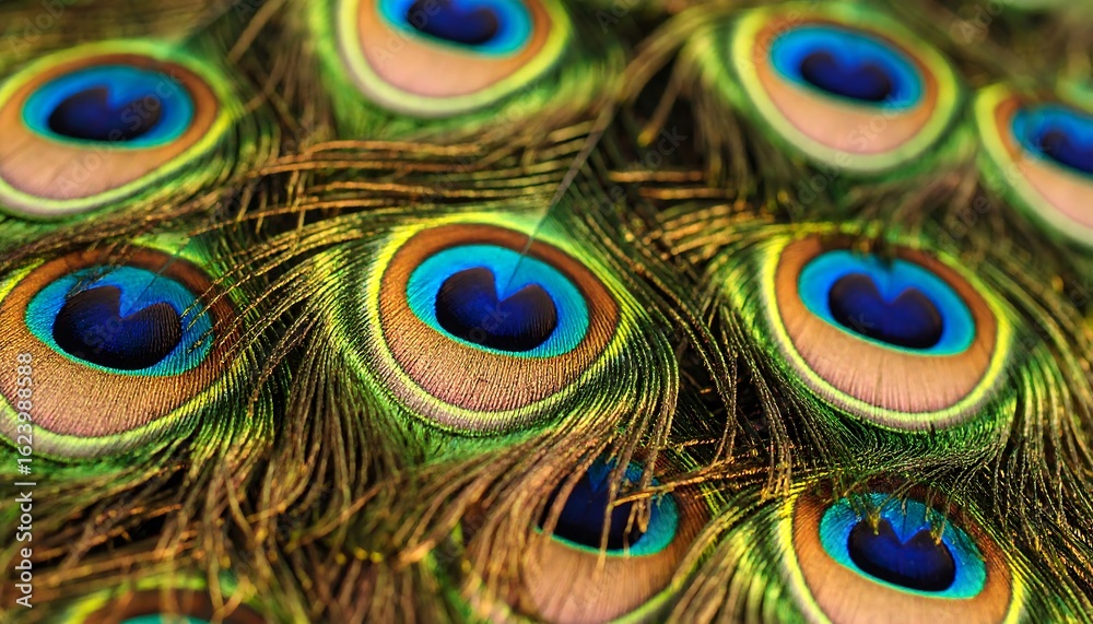 Fototapeta premium Closeup of vibrant peacock feathers with showing detail and texture.