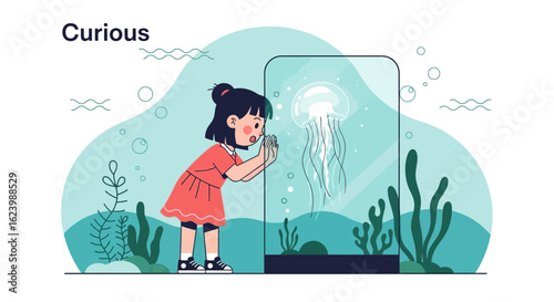 Girl Looking At Jellyfish In Aquarium Tank Illustration, Educational Experience