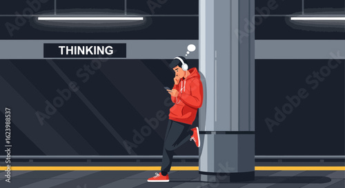 Introspective Youth Lost in Thought At Subway Station Listening To Music