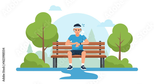 Irritated Man Sitting On Park Bench Checks His Smartwatch After Exercising