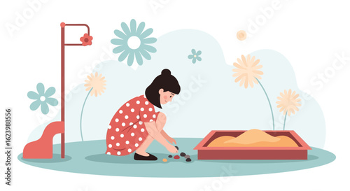Girl Playing With Stones Near Sandbox At Playground With Flowers Background