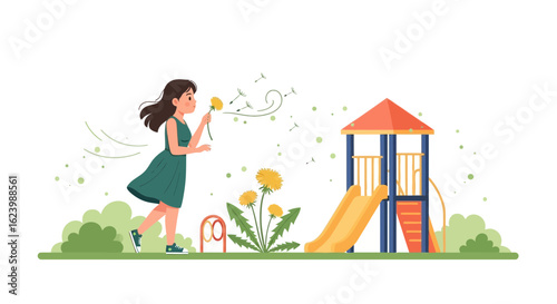 Girl Playing At Playground Enjoying Nature And Freedom By Blowing Dandelion