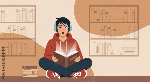 Intrigued Boy Reading With Headphones And Open Book In The Room