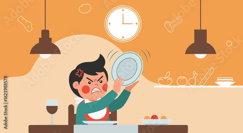 Irritated Boy Throws Dish Due To Dislike For Food Served At The Table
