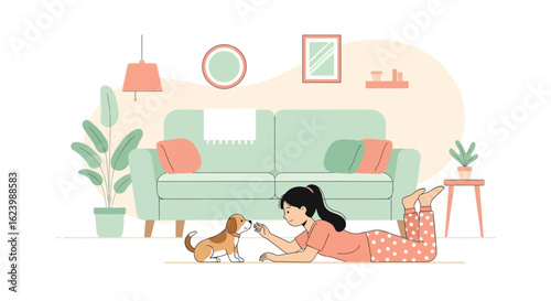 Girl Playing With Her Pet Dog In The Comfort Of Her Living Room