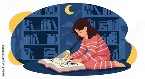 Girl Reading A Book Late At Night Under A Lamp In Her Library