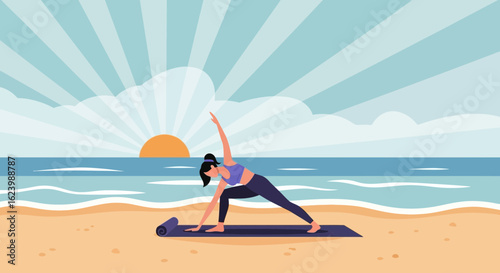 Graceful Woman Practicing Yoga Triangle Pose On Beach Near Calm Ocean At Sunrise